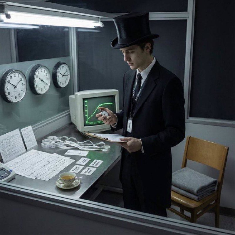 Phosphor in a monochrome research booth studying clocks, body traces, a CRT graph, and tea