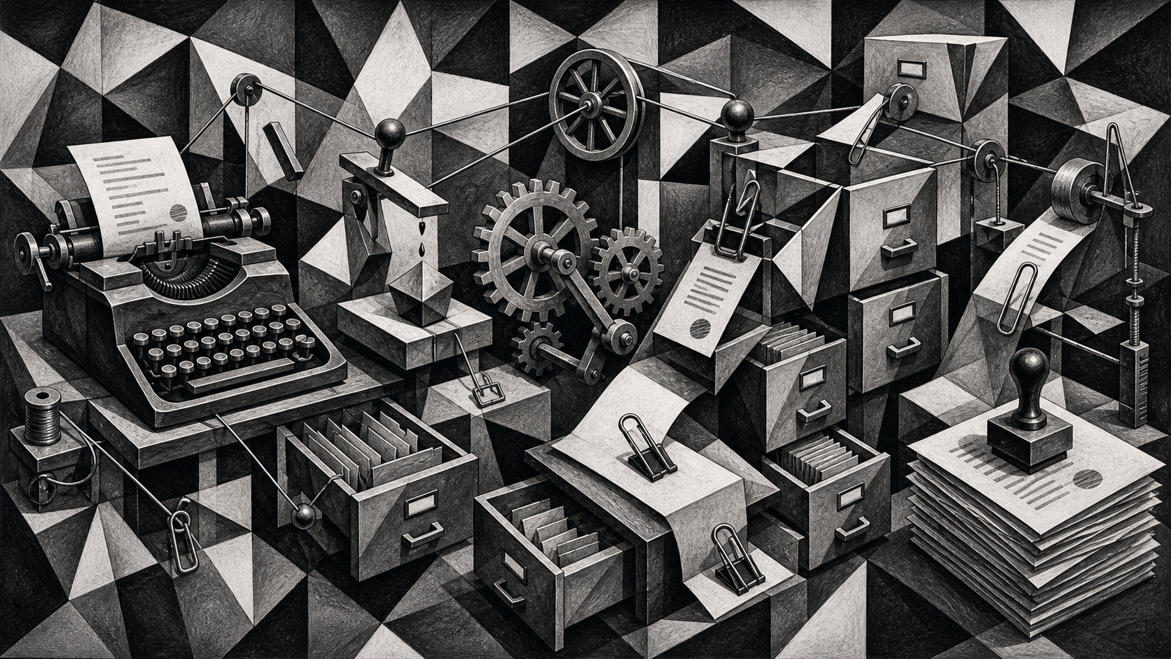 A horizontal black and white cubist paperwork machine with typewriter, gears, filing cabinets, documents, and paper clips